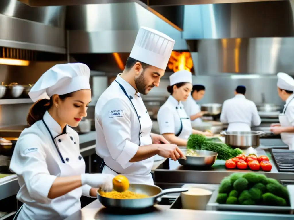 Vibrante escuela culinaria francesa con chefs en entrenamiento preparando platos bajo la guía de instructores experimentados