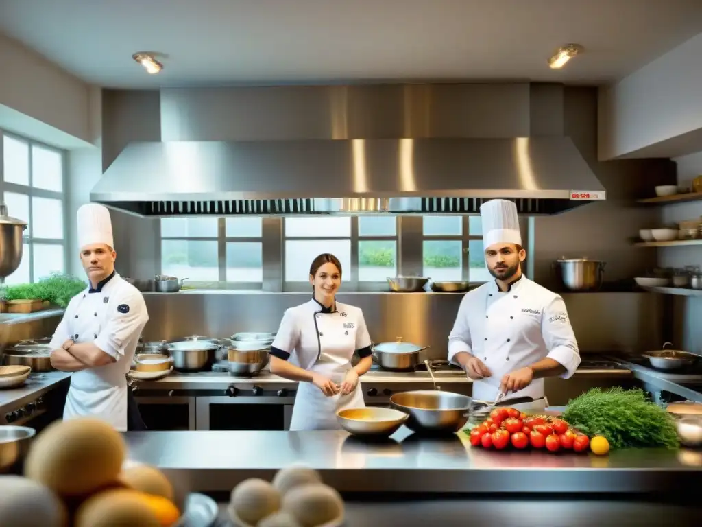 Vibrante escuela culinaria francesa: alumnos en uniformes blancos cortando, cocinando y decorando platos bajo la atenta guía de chefs