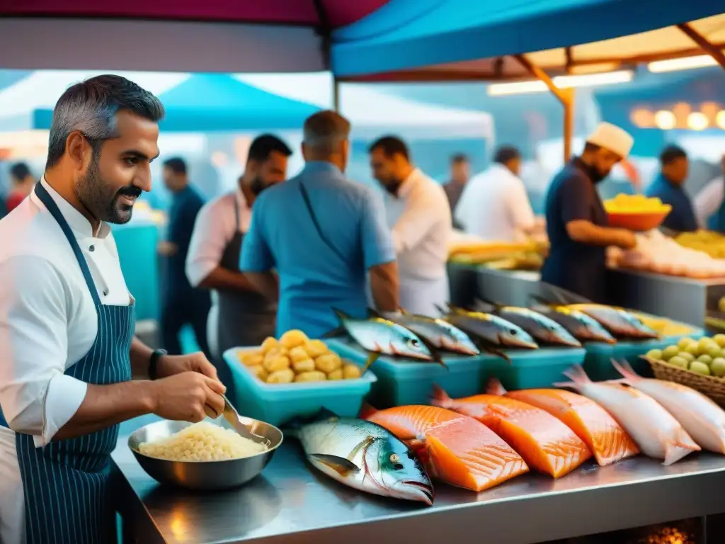 Vibrante Feria del Pescado Marsella experiencia: Puestos de mariscos coloridos, chef fileteando pescado y ambiente festivo