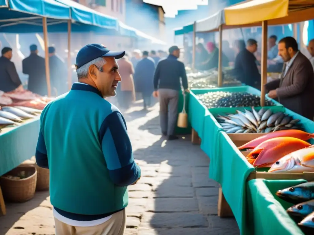 Vibrante Feria del Pescado de Marsella: puestos de pescado fresco, pescadores filleteando, ambiente bullicioso y soleado