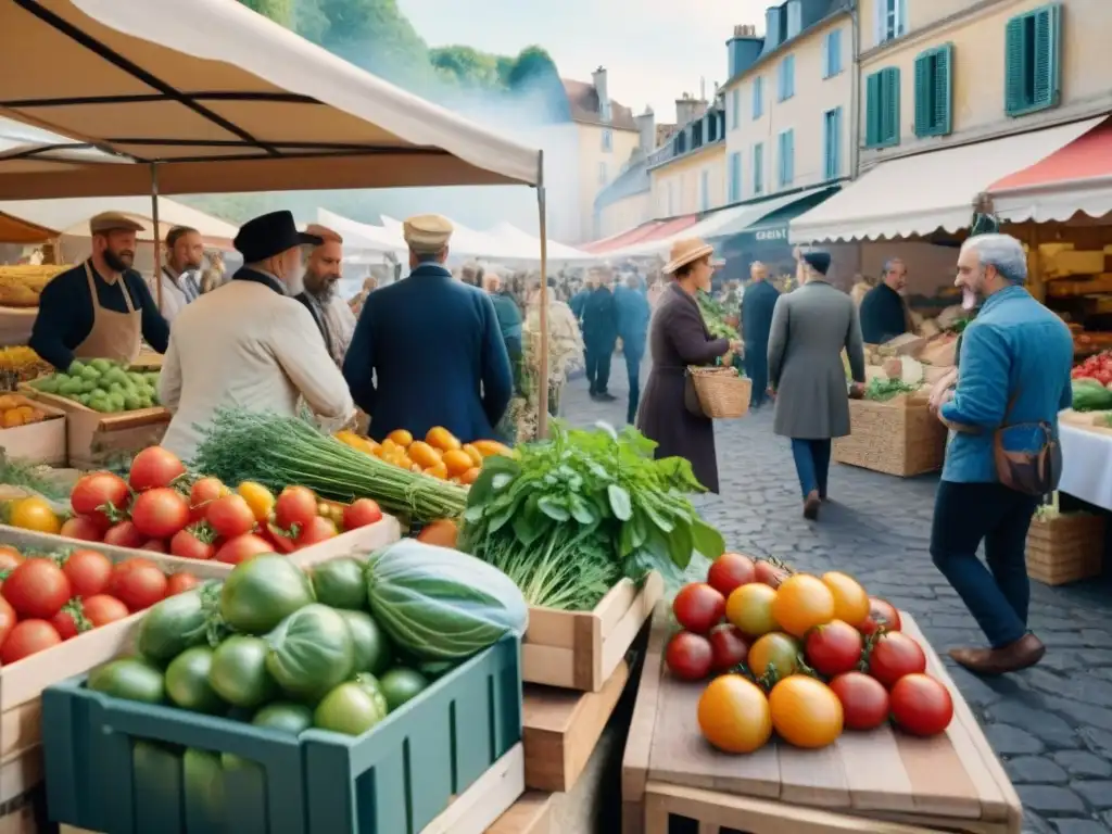 Vibrante Festival Gastronomía Orgánica Francia: mercado al aire libre con productos frescos y coloridos, gente animada conversando y degustando