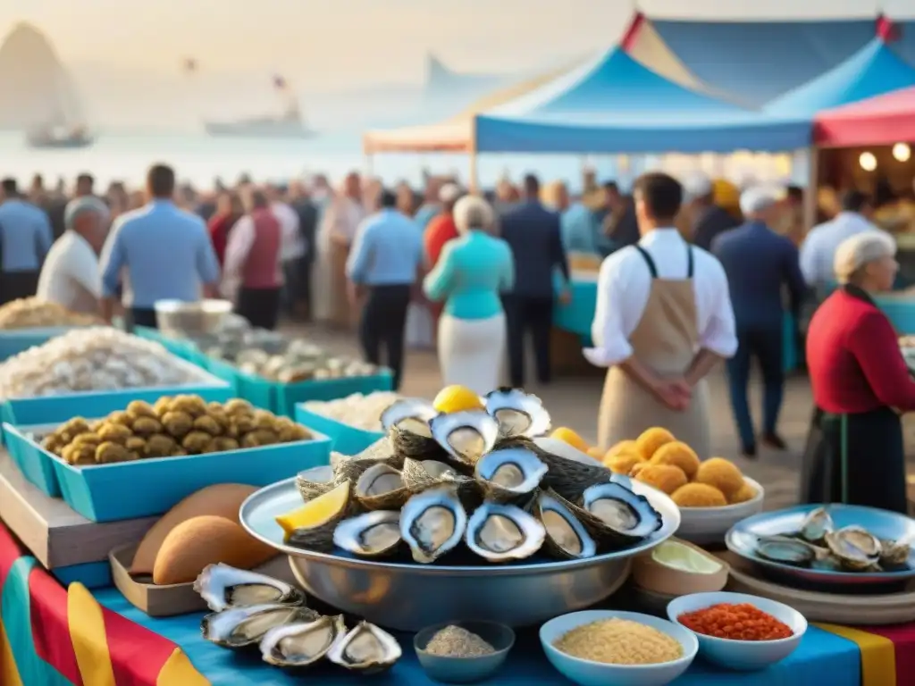 Vibrante festival anual de ostras en Arcachon: mercado costero, degustación de mariscos y puestos coloridos