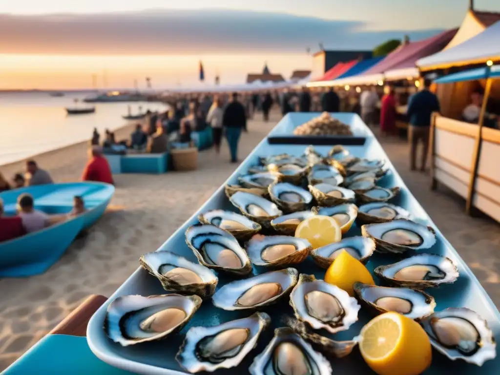 Vibrante Festival Anual de Ostras en Arcachon: puestos coloridos, ostras frescas y ambiente festivo en la bahía al atardecer