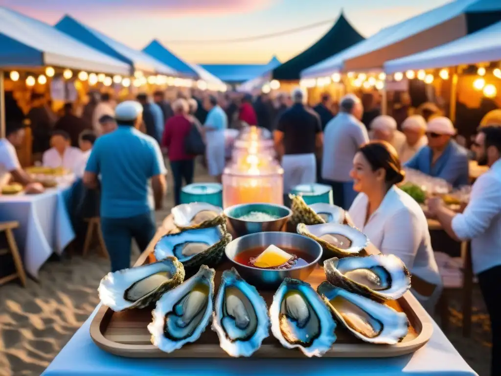 Vibrante Festival anual de ostras en Arcachon: coloridos puestos, multitud diversa y hermosa bahía al atardecer