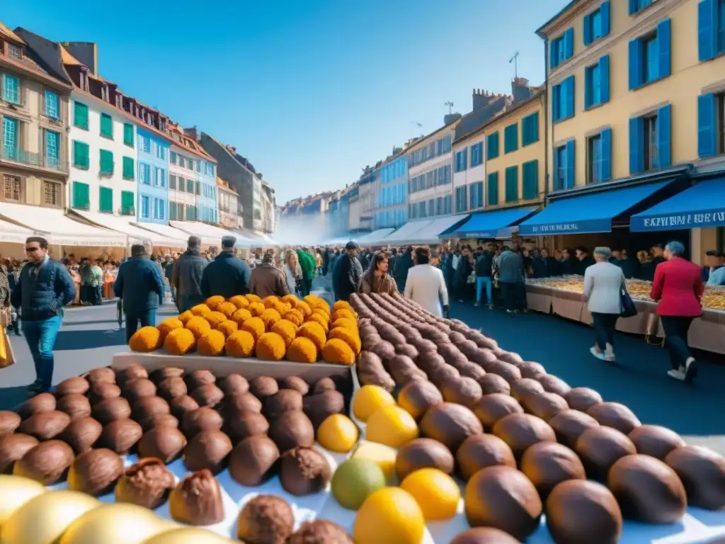 Vibrante Festival del Chocolate en Bayona, con coloridos puestos gastronómicos y multitudes disfrutando de delicias bajo el cielo azul