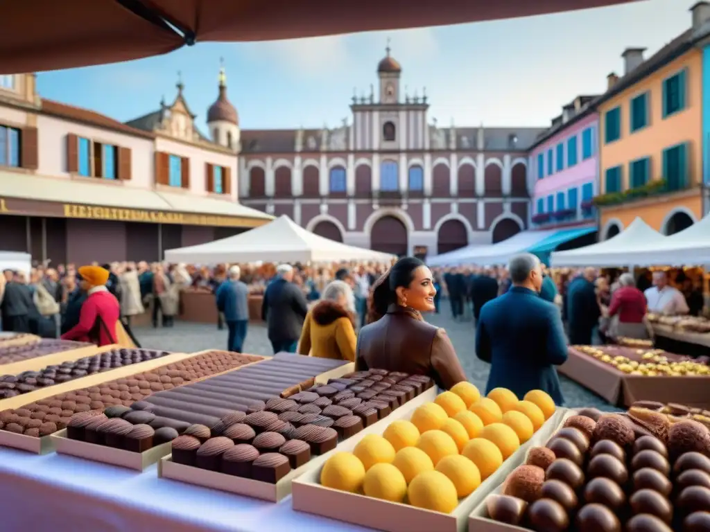 Vibrante Festival del Chocolate Bayona con puestos de delicias y arquitectura histórica, indulgencia gastronómica