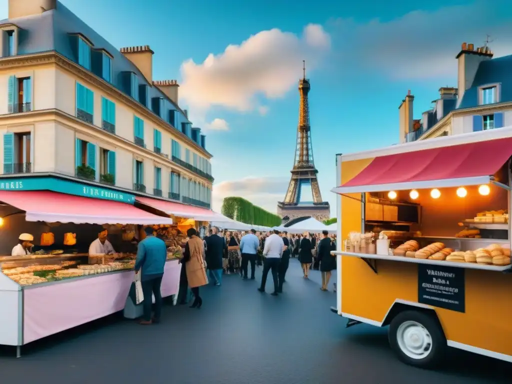 Un vibrante festival de food trucks en Francia, con delicias culinarias francesas y la icónica Torre Eiffel de fondo