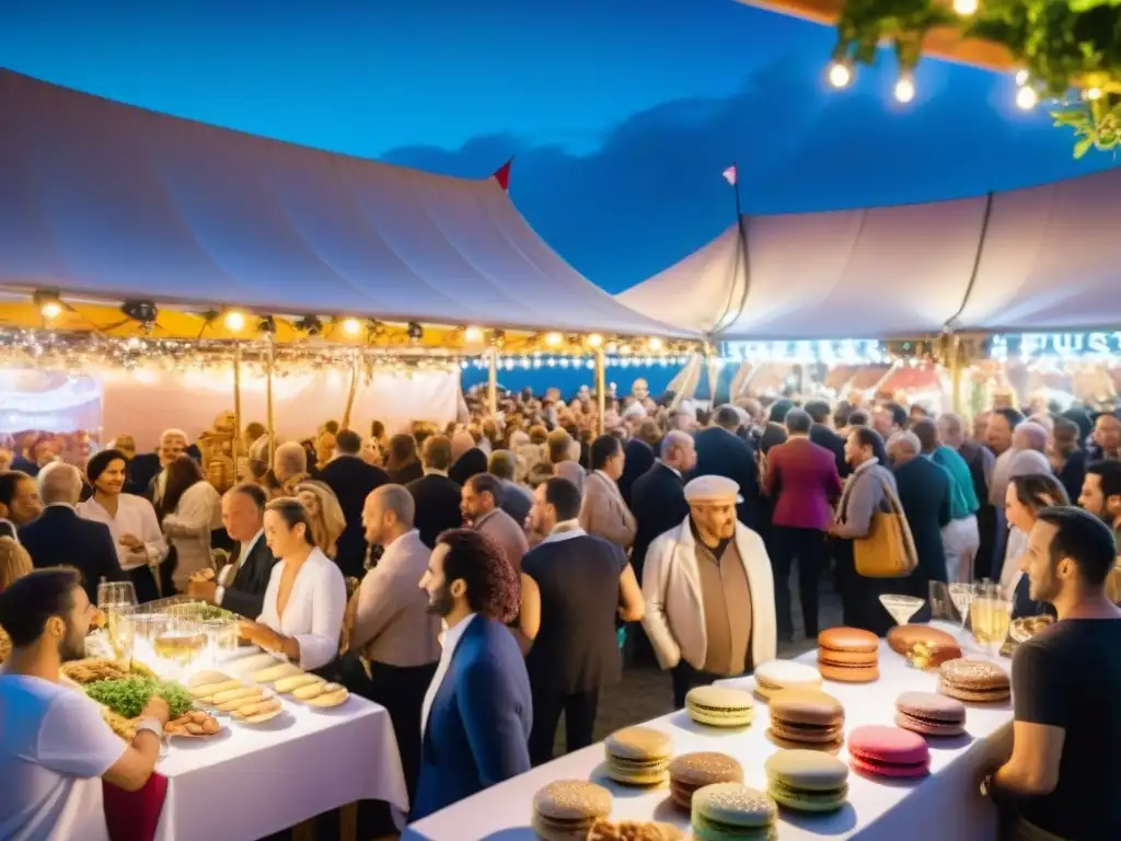 Vibrante festival francés con influencia gastronomía francesa y composiciones musicales bajo luces brillantes