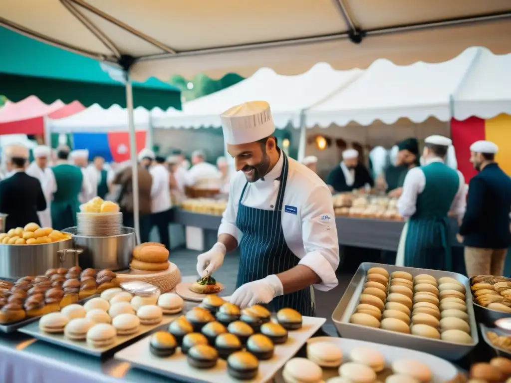 Vibrante festival de gastronomía francesa con alegría, chefs preparando platos y delicias coloridas