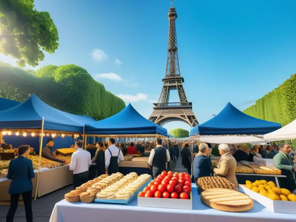 Un vibrante festival de gastronomía francesa, con alegre multitud y delicias culinarias bajo el cielo azul