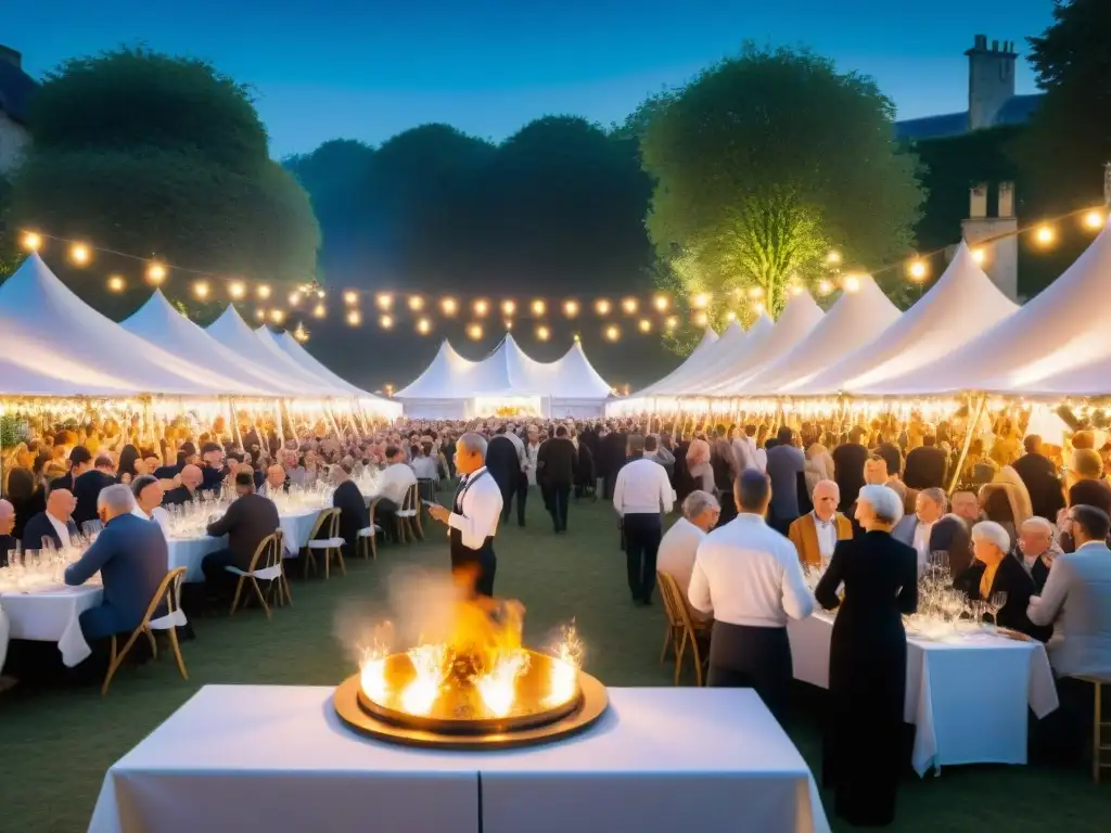 Un vibrante festival gastronómico en Francia con chef famoso, delicias gourmet y música jazz en vivo bajo luces brillantes