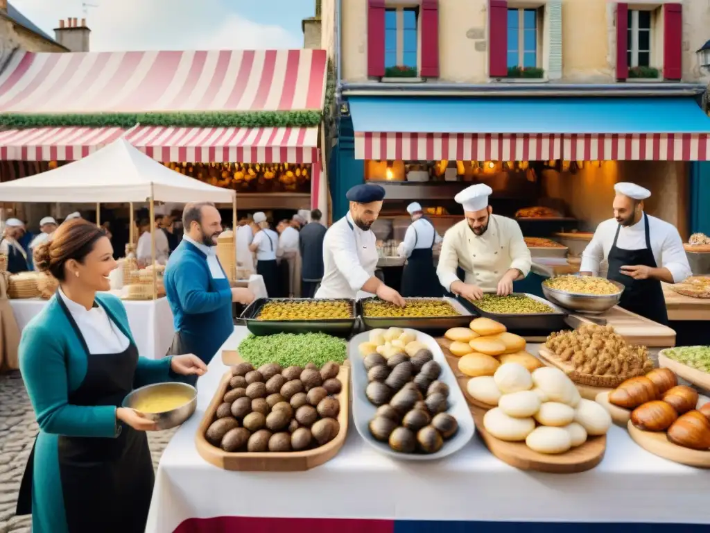 Un vibrante festival gastronómico en Francia con chefs, multitudes y delicias culinarias bajo toldos coloridos