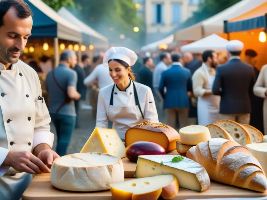 Vibrante festival gastronómico en Francia con puestos de mercado coloridos y chef preparando plato tradicional