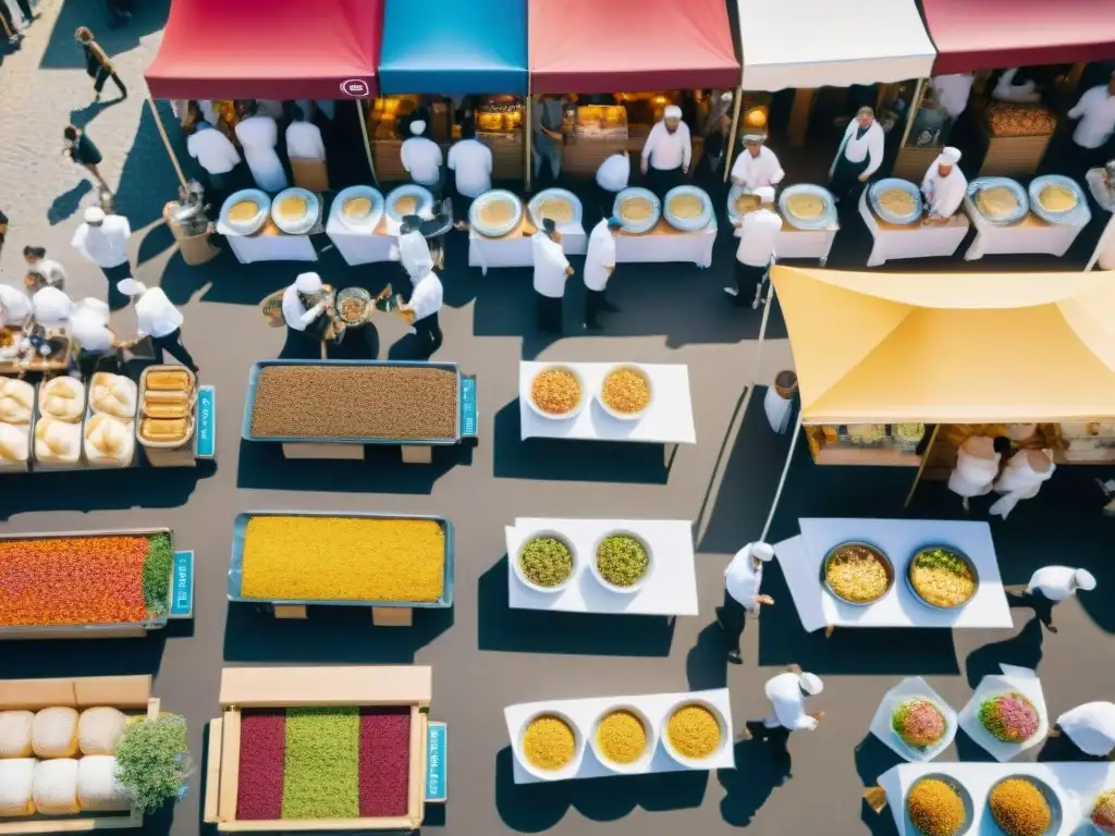 Un vibrante festival gastronómico en Francia: puestos de comida coloridos, chefs preparando platos tradicionales y ambiente festivo