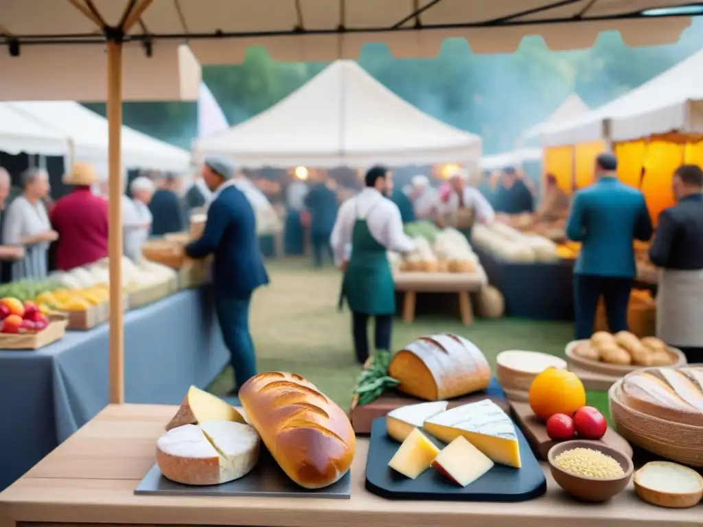 Un vibrante festival gastronómico en Francia, con puestos coloridos, chef cocinando y multitud disfrutando de delicias francesas al atardecer