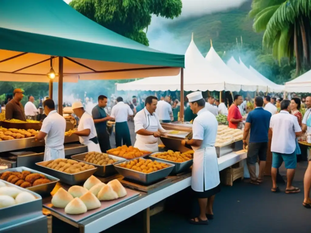 Un vibrante festival gastronómico en Reunión, fusionando la cocina francesa y criolla bajo un dosel de árboles tropicales