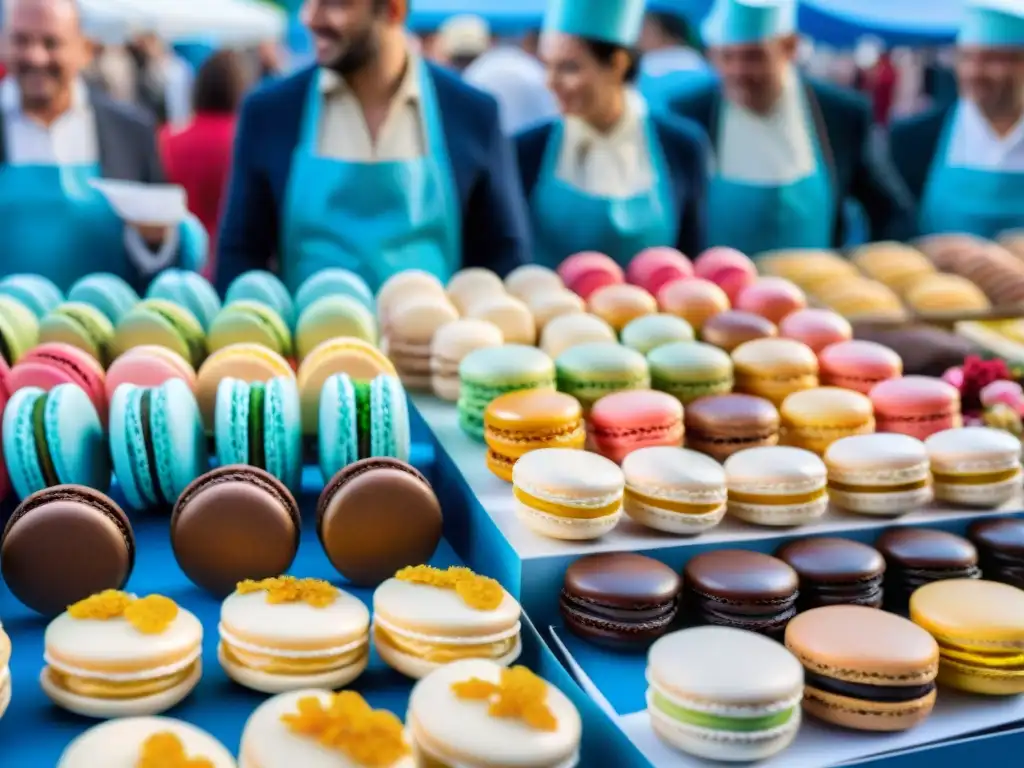 Vibrante festival de postres franceses con coloridos macarons y pastelería decorada