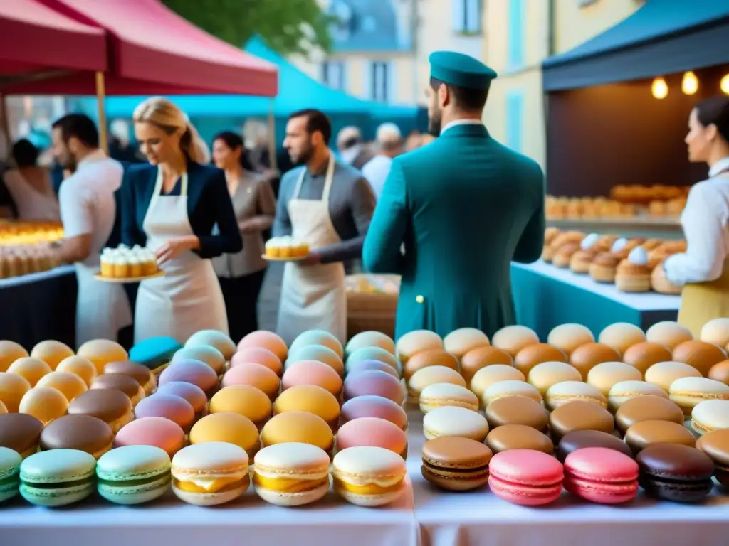 Vibrante festival de postres franceses con deliciosas creaciones y croquembouche, en un ambiente de elegancia y gastronomía francesa