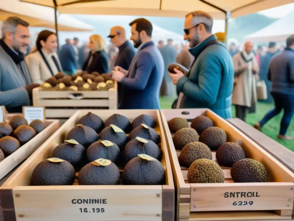 Vibrante festival de trufas en Francia, con productos trufados y visitantes disfrutando de la cultura culinaria