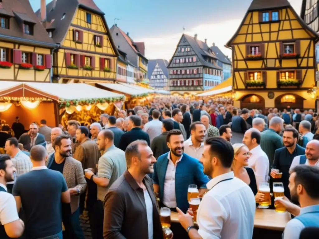 Vibrante Fiesta de la Cerveza Alsacia Francia: multitud disfrutando cerveza y tradiciones en festival con música y ambiente festivo