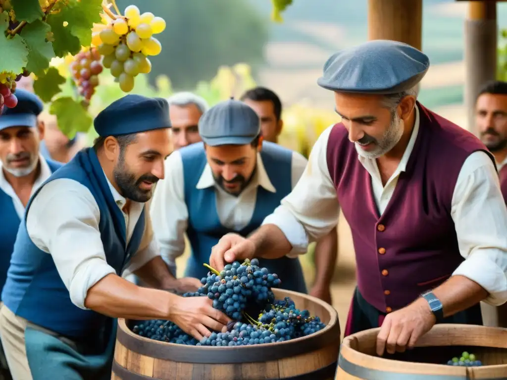 En la vibrante Fiesta de la Vendimia Borgoña, vinateros tradicionales pisando uvas en barriles de roble, rodeados de viñedos exuberantes