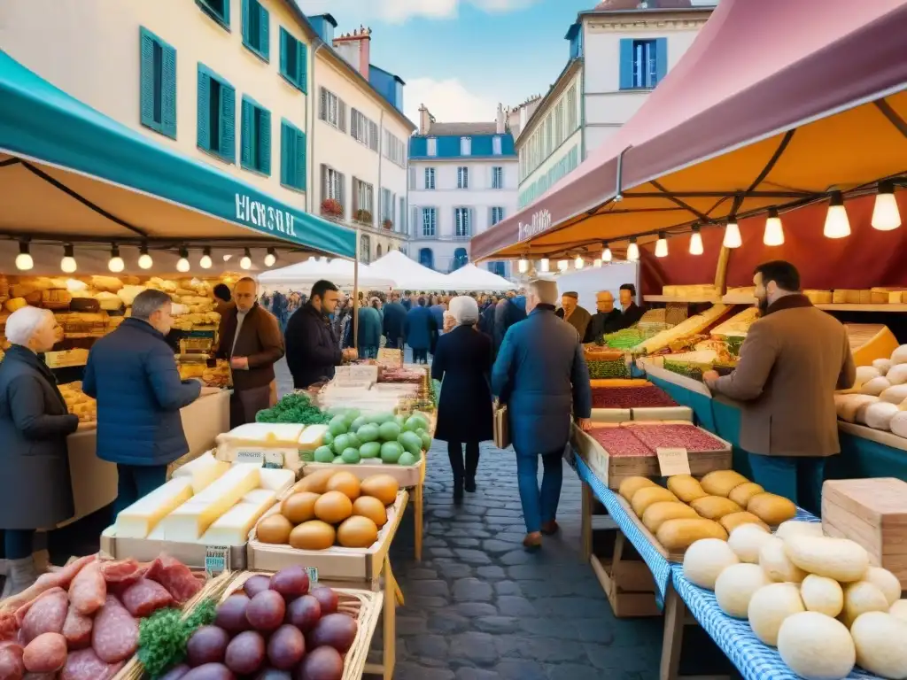 Explora la vibrante gastronomía francesa con recetas tradicionales en un bullicioso mercado al aire libre en Lyon, Francia