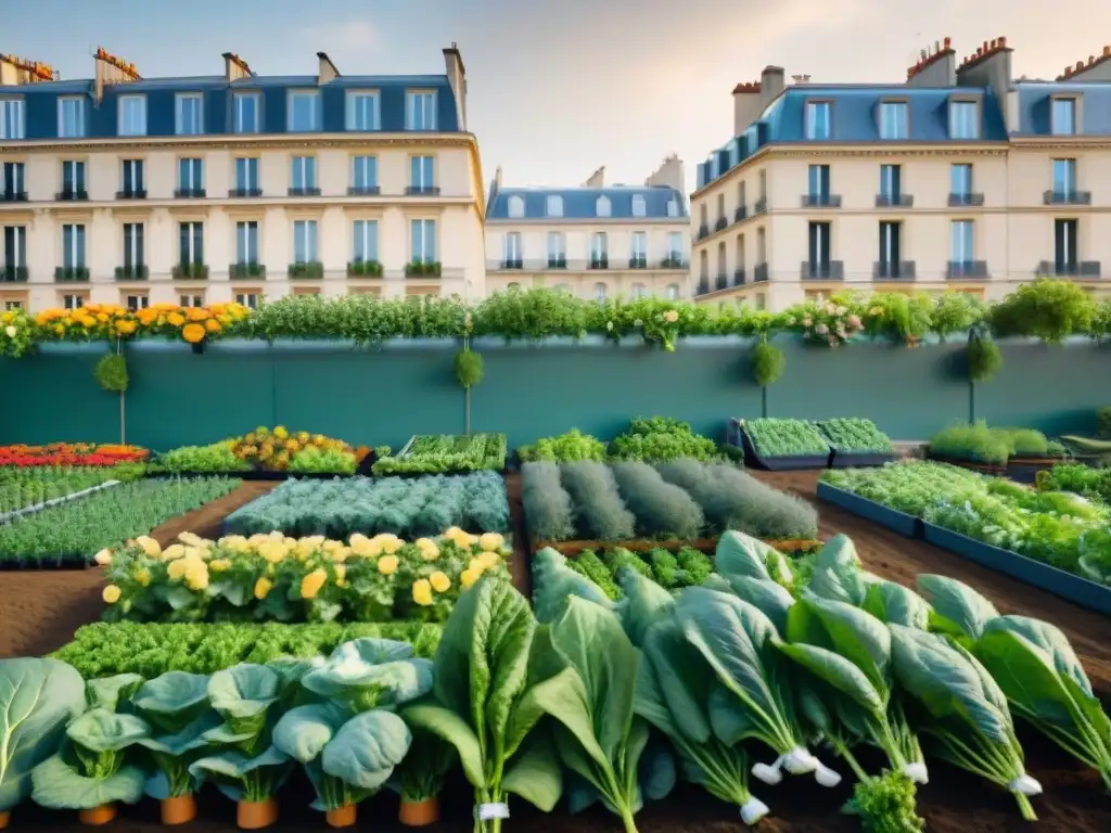 Un vibrante huerto urbano en París, Francia, con vegetales y flores