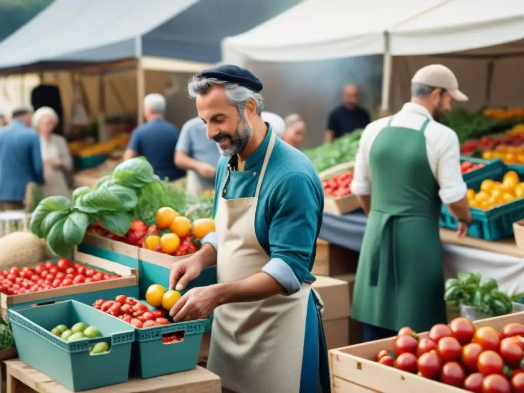 Un vibrante mercado de agricultores en el campo francés, reflejando la revolución orgánica en la gastronomía francesa