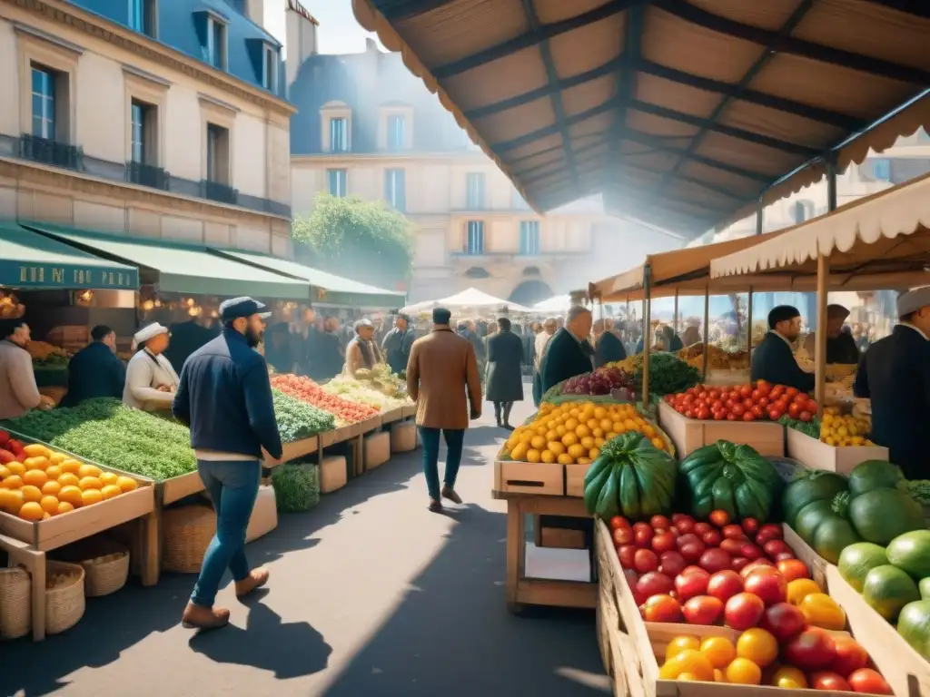 Vibrante mercado de agricultores en París, reflejando la cultura de la gastronomía francesa, cocina vegetariana y vegana