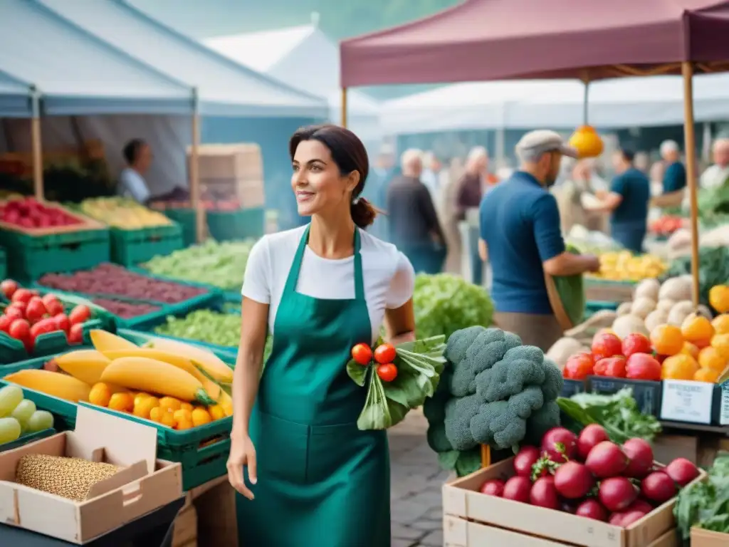 Un vibrante mercado de agricultores en Francia, reflejando diversidad de productos frescos y coloridos