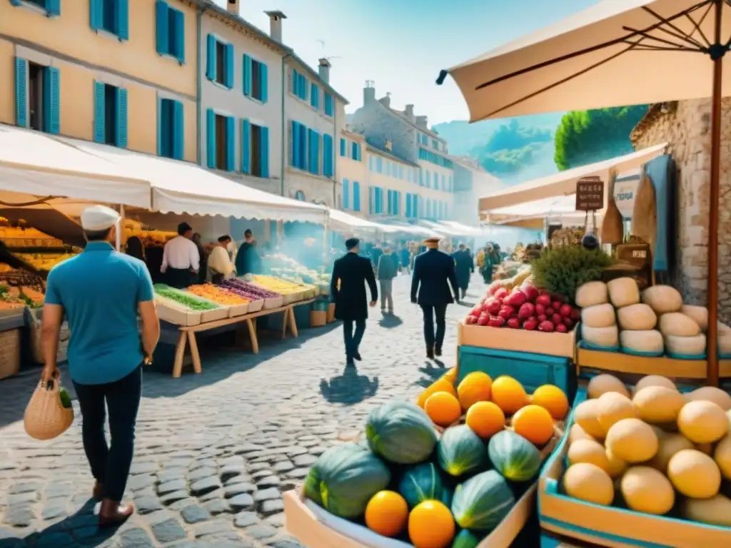 Un vibrante mercado de agricultores en un encantador pueblo del sur de Francia, con productos frescos y coloridos