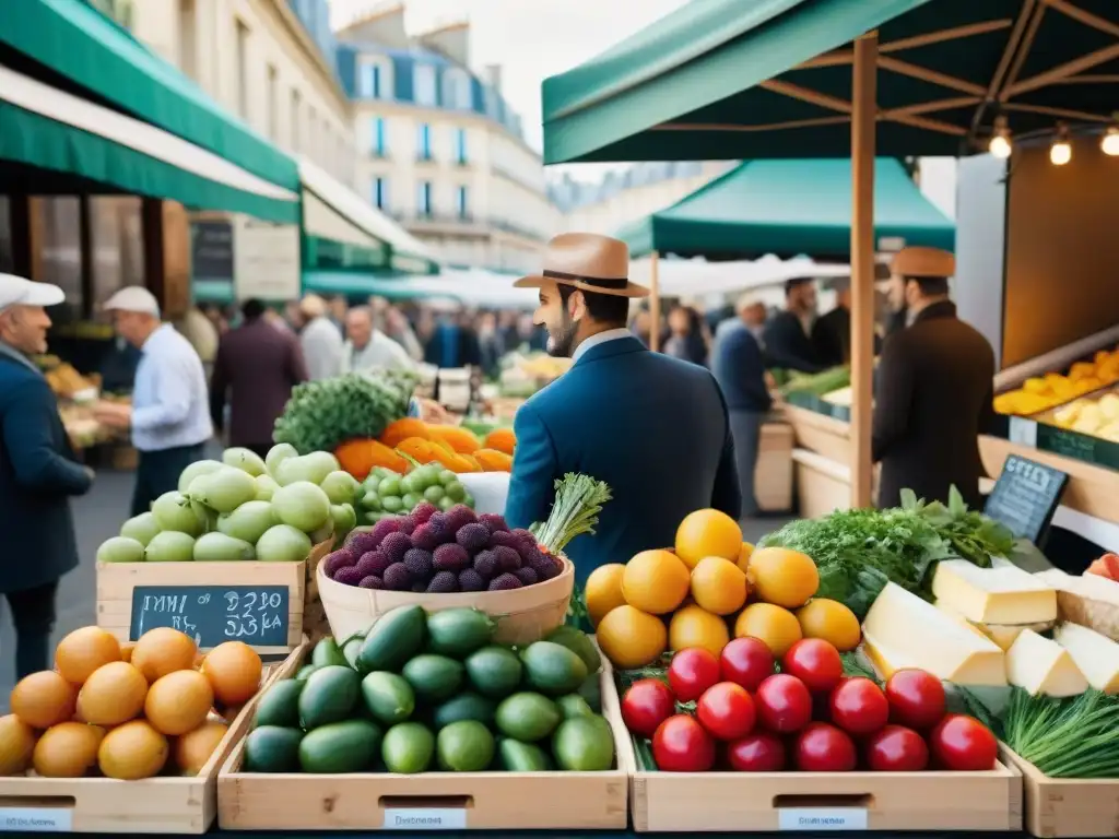 Vibrante mercado de agricultores en París, muestra la esencia de la gastronomía francesa sostenible en una escena bulliciosa