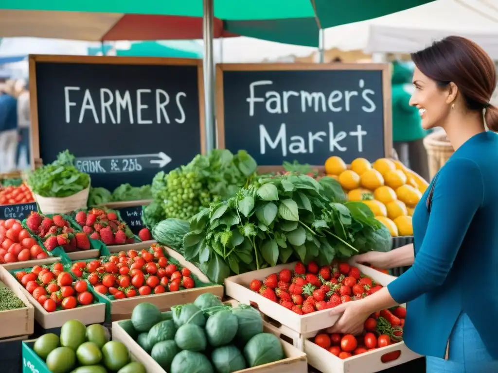 Un vibrante mercado de agricultores en Francia con frutas y verduras de temporada, cestas llenas y clientes felices