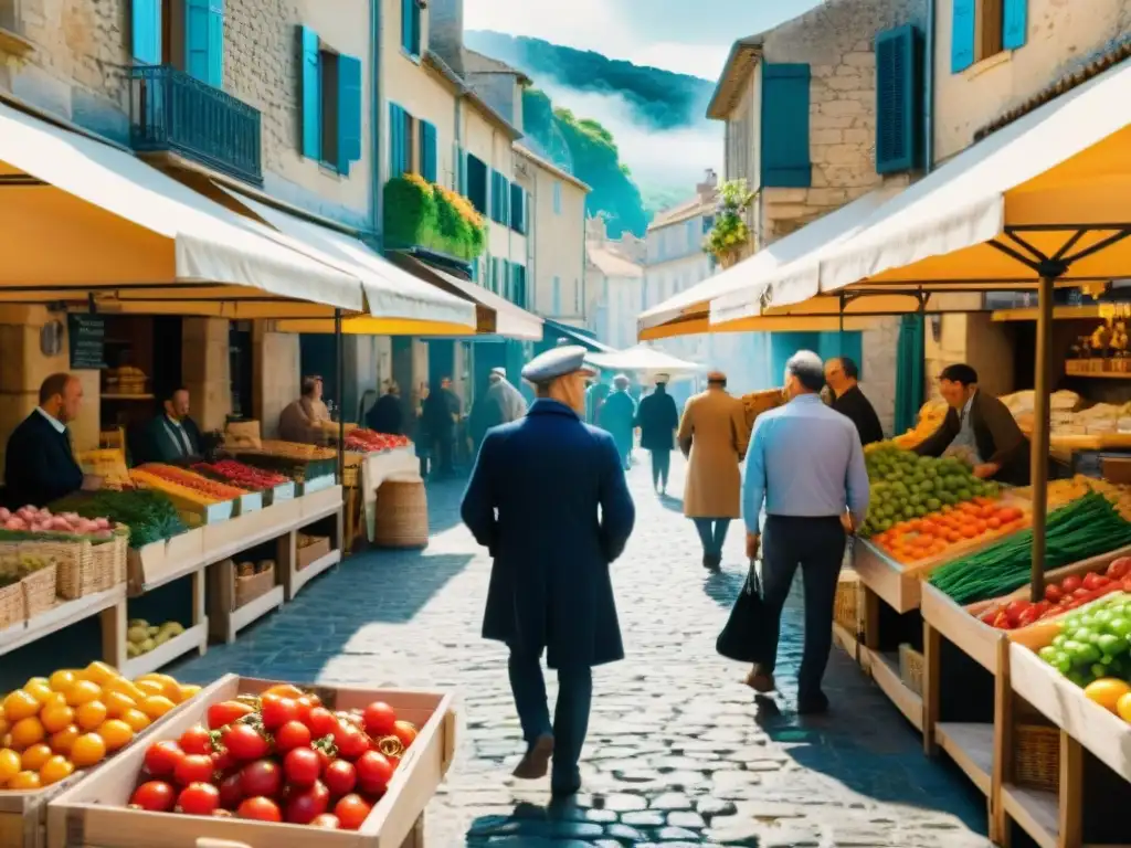 Vibrante mercado de agricultores en Languedoc sur Francia con productos frescos y coloridos en puestos de madera