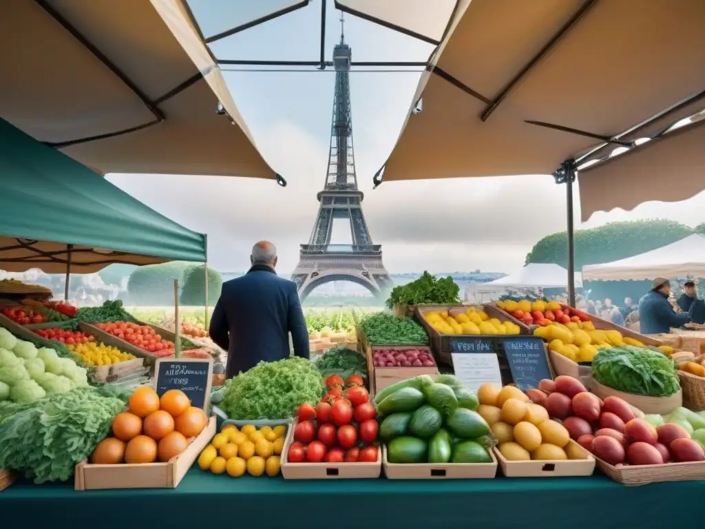 Un vibrante mercado de agricultores en Francia, con productos frescos y coloridos