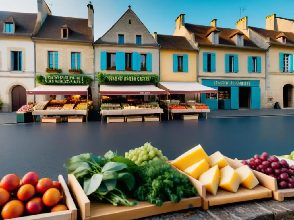 Un vibrante mercado de agricultores en Francia, con productos frescos y coloridos bajo banderas francesas