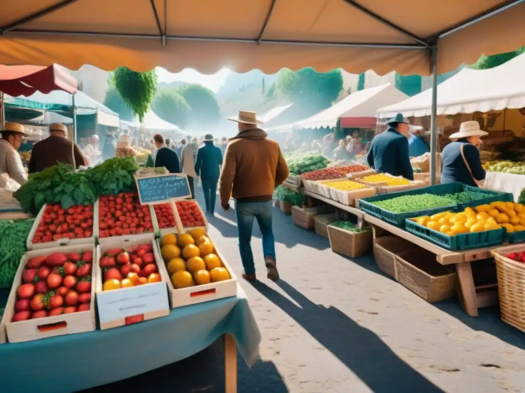 Un vibrante mercado de agricultores en Provenza, Francia, mostrando la cocina francesa sostenible sin carne