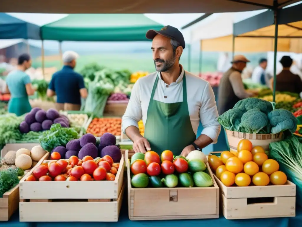 Un vibrante mercado de agricultores en Borgoña, Francia, con vegetales frescos y coloridos