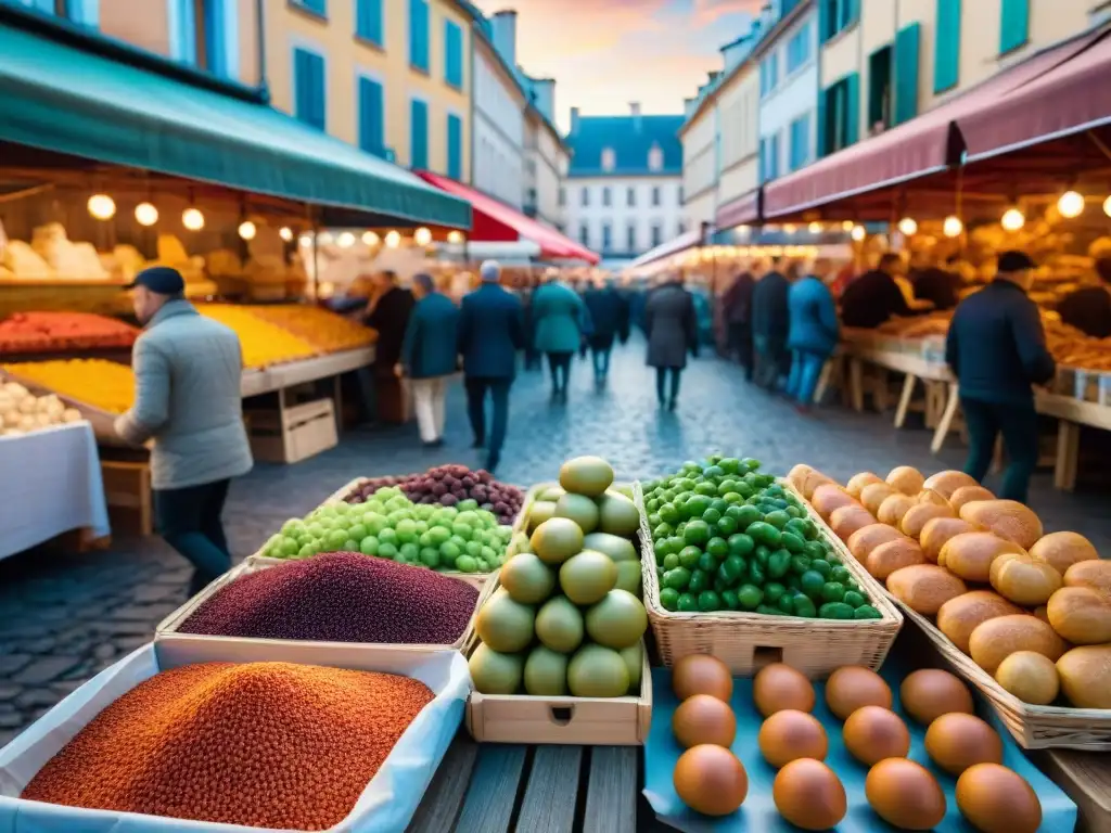 Un vibrante mercado al aire libre en Lyon, Francia, lleno de colores y delicias culinarias