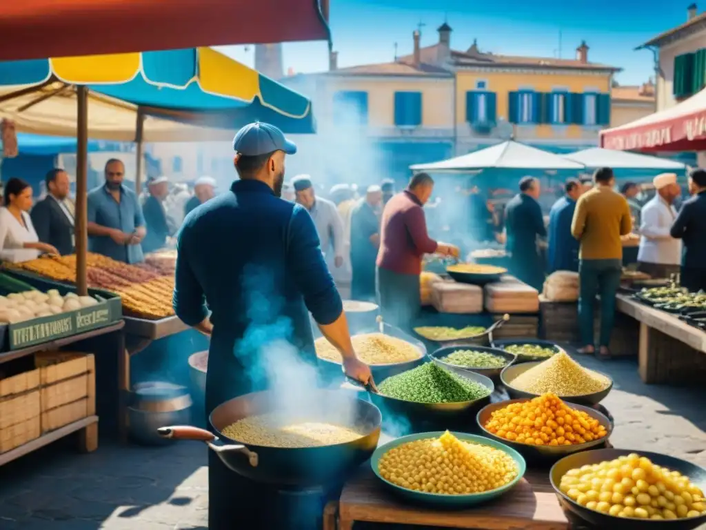 Vibrante mercado al aire libre en Niza, Francia, donde se preparan variedades de Socca regional en sartenes de hierro