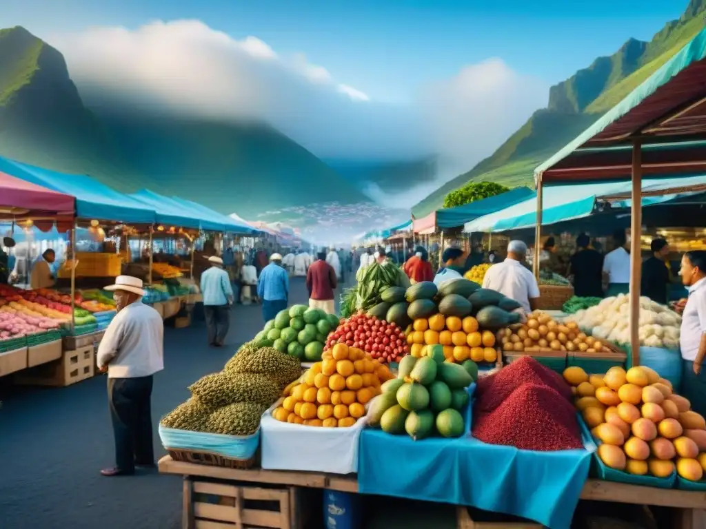 Un vibrante mercado al aire libre en Reunión con una diversidad de frutas tropicales coloridas, especias aromáticas y mariscos frescos