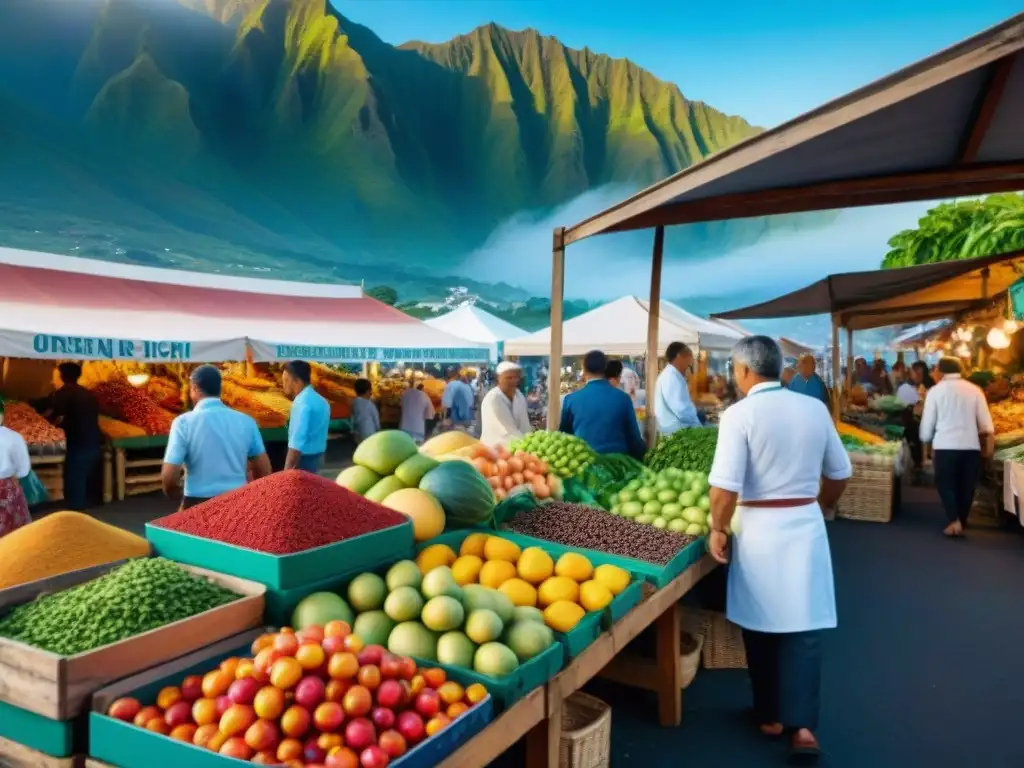 Vibrante mercado al aire libre en Reunión, Francia, con exóticas frutas, mariscos frescos y especias aromáticas