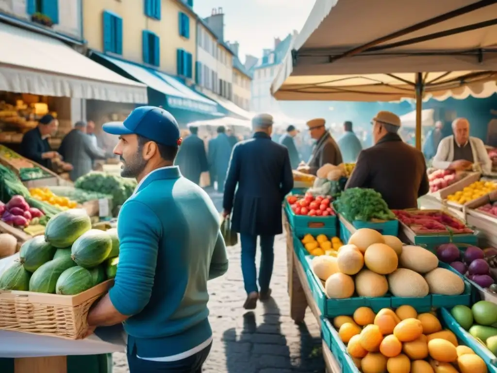 Vibrante mercado al aire libre en Francia con productos frescos y coloridos