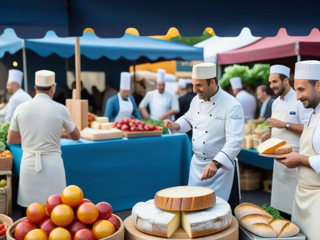 Un vibrante mercado al aire libre en Francia, con chefs y espectadores entusiasmados