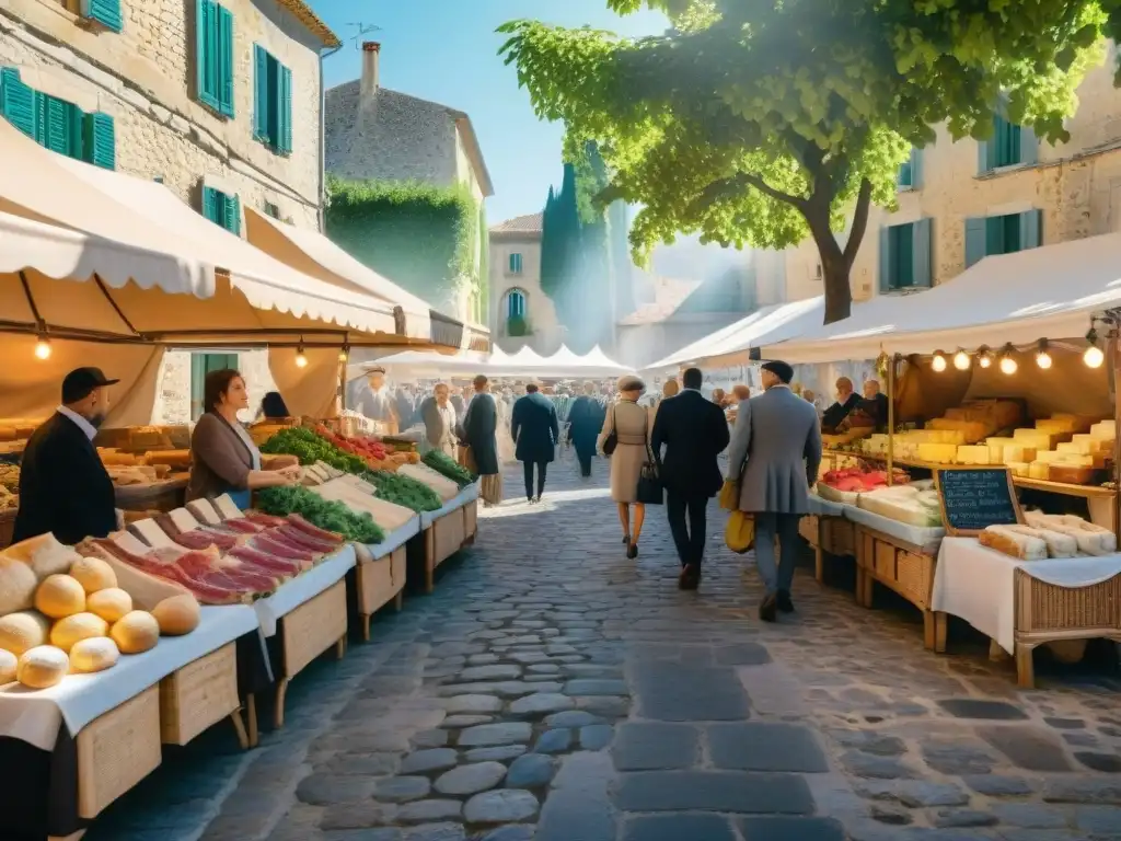 Vibrante mercado al aire libre en Provenza, Francia, con puestos de productos frescos y locales bajo la sombra de plátanos