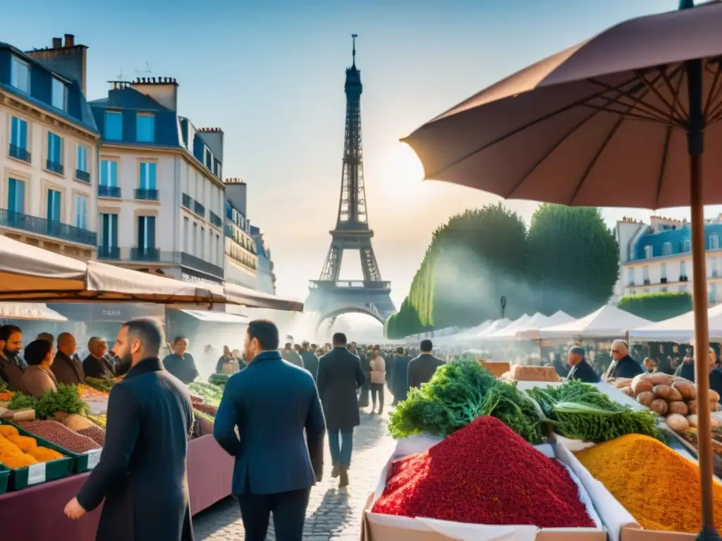 Un vibrante mercado al aire libre en Francia, lleno de aromas de Francia en mercados, colores y texturas