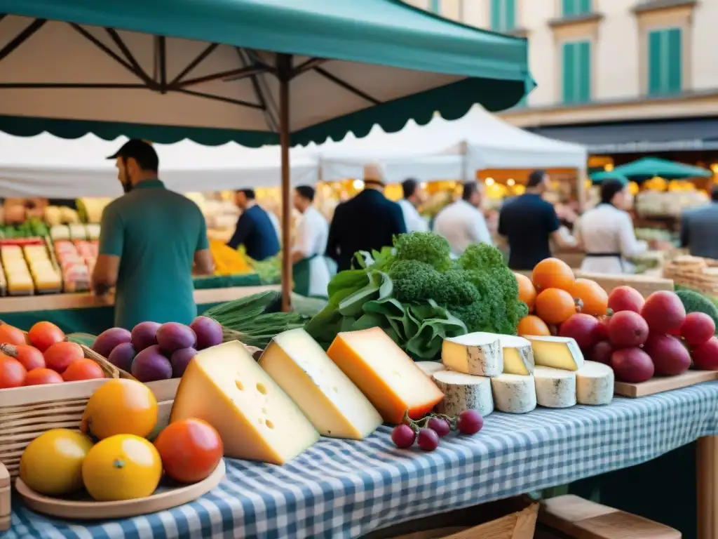 Un vibrante mercado al aire libre en Lyon, Francia, con productos frescos, quesos artesanales y flores coloridas