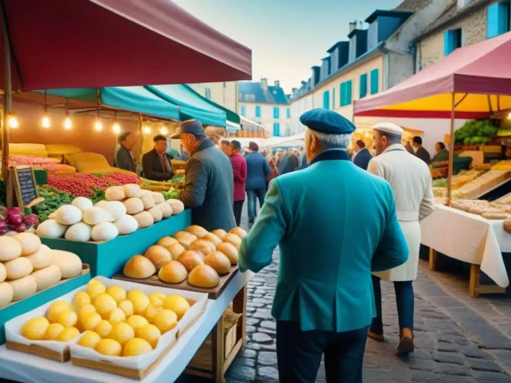 Vibrante mercado al aire libre en Picardía, Francia, muestra la rica gastronomía local con coloridos puestos y productos frescos