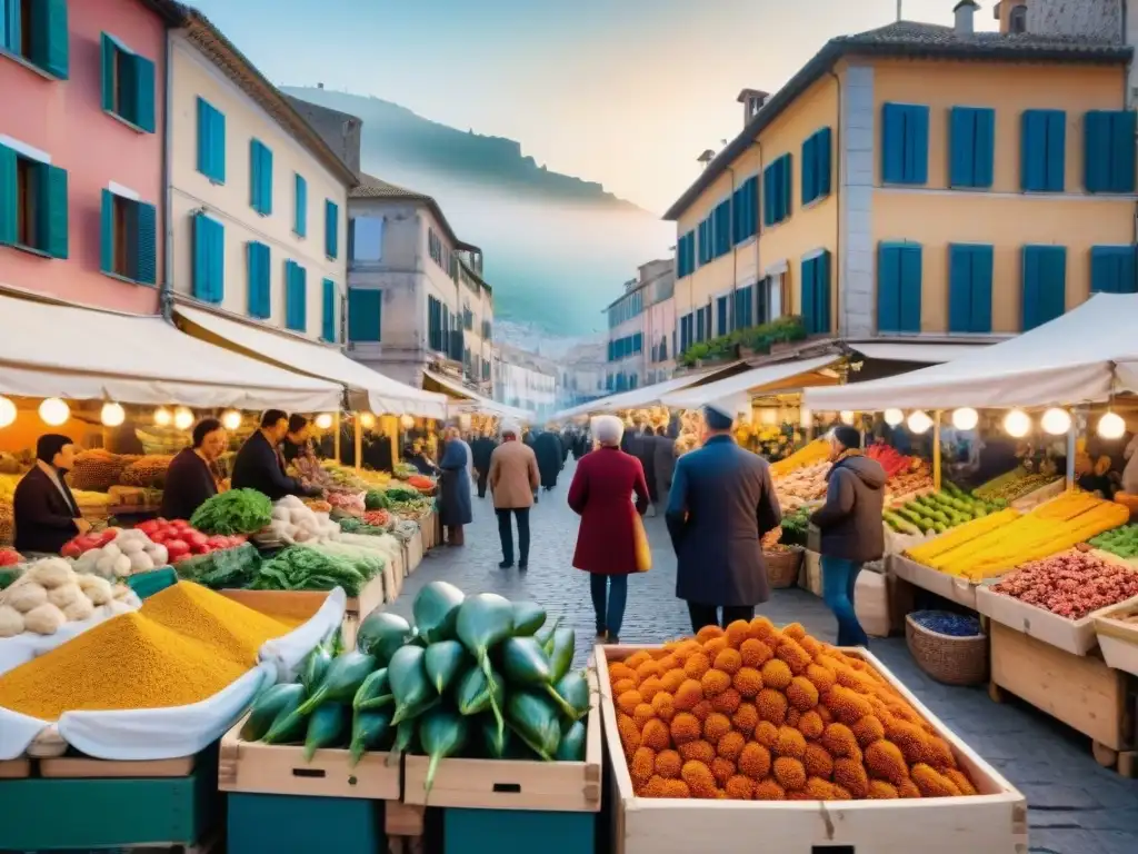 Vibrante mercado al aire libre en Marsella con gastronomía francesa, puestos coloridos y multitud diversa