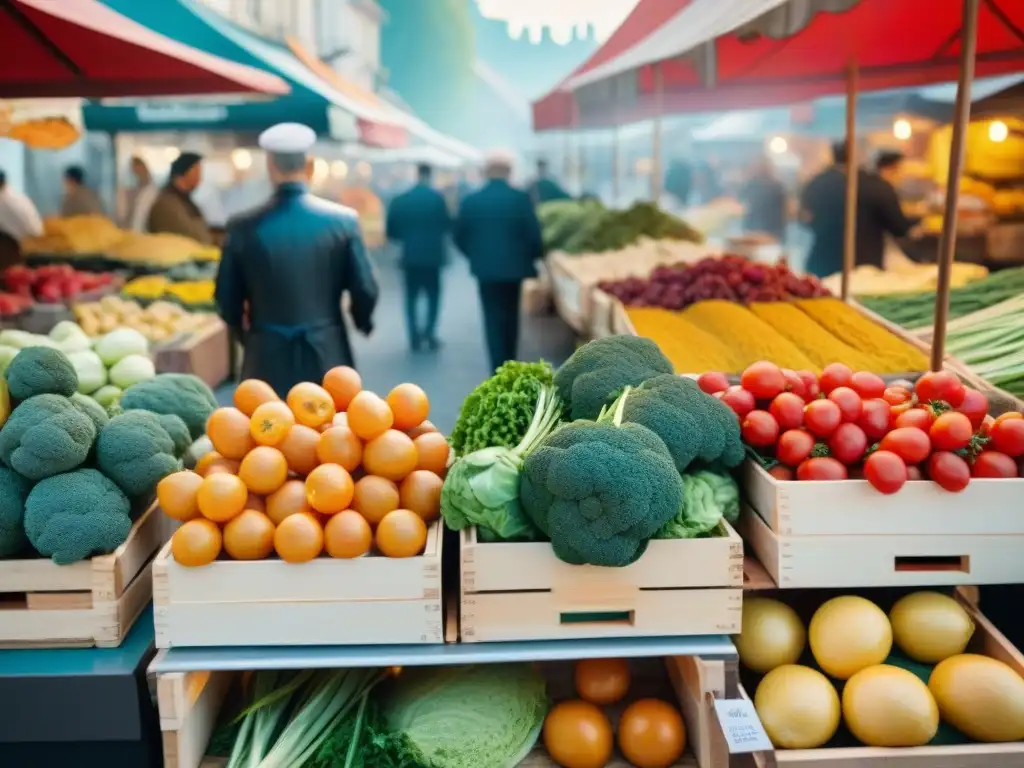 Un vibrante mercado al aire libre en Francia con crepes veganos receta fácil y coloridas frutas y verduras en cajas de madera